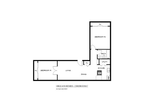 Floor plan for 2 beds, 1 bath, 813 sqft